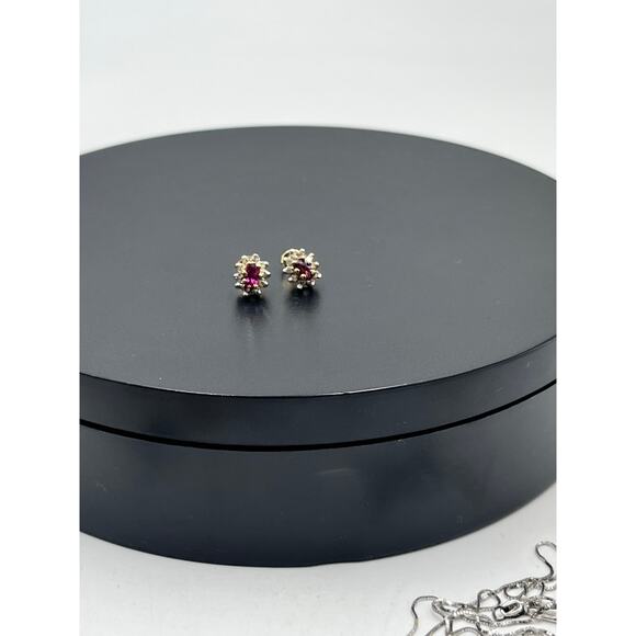 Vintage 14k Two Tone Gold Genuine
Ruby & Diamond Halo Stud Small Earrings - Picture 10 of 16